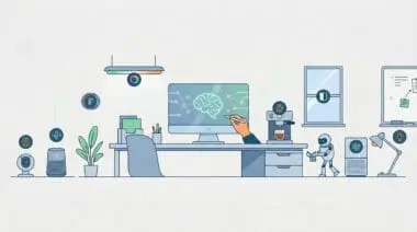 Modern smart office illustration featuring AI and IoT connected devices like sensors, cameras, and automated appliances.