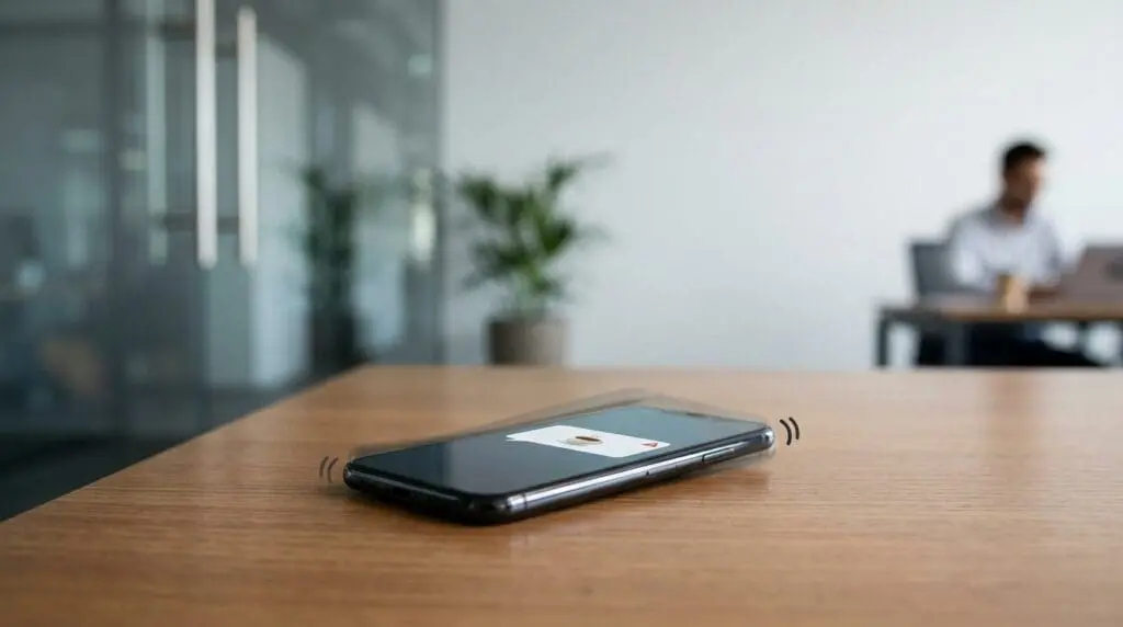 Close-up of a buzzing smartphone in a corporate office with a coffee break notification on the screen.