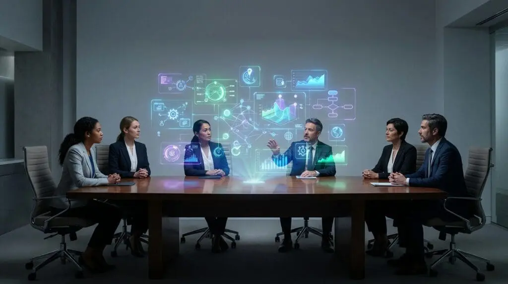 Executives interact with floating holographic spatial notes and data charts during a meeting in a physical boardroom.