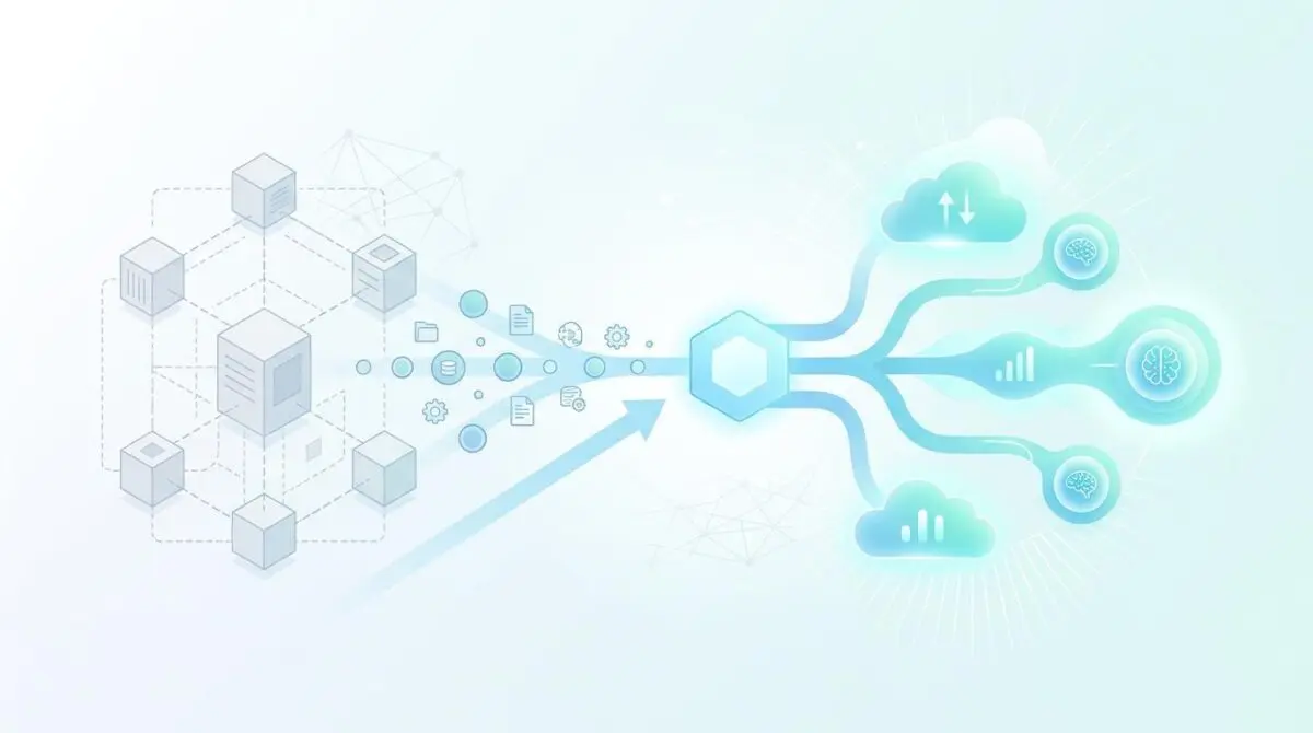 Conceptual illustration of AI adoption in legacy systems, showing data flow from cubes to cloud with AI icons.