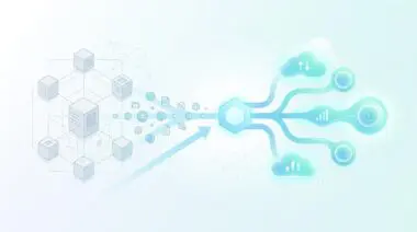 Conceptual illustration of AI adoption in legacy systems, showing data flow from cubes to cloud with AI icons.