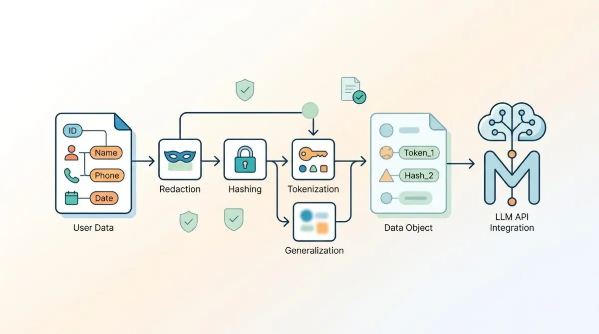 Diagram illustrating strategies for anonymizing PII before sending data to LLM APIs: Redaction, Hashing, Tokenization, Generalization.