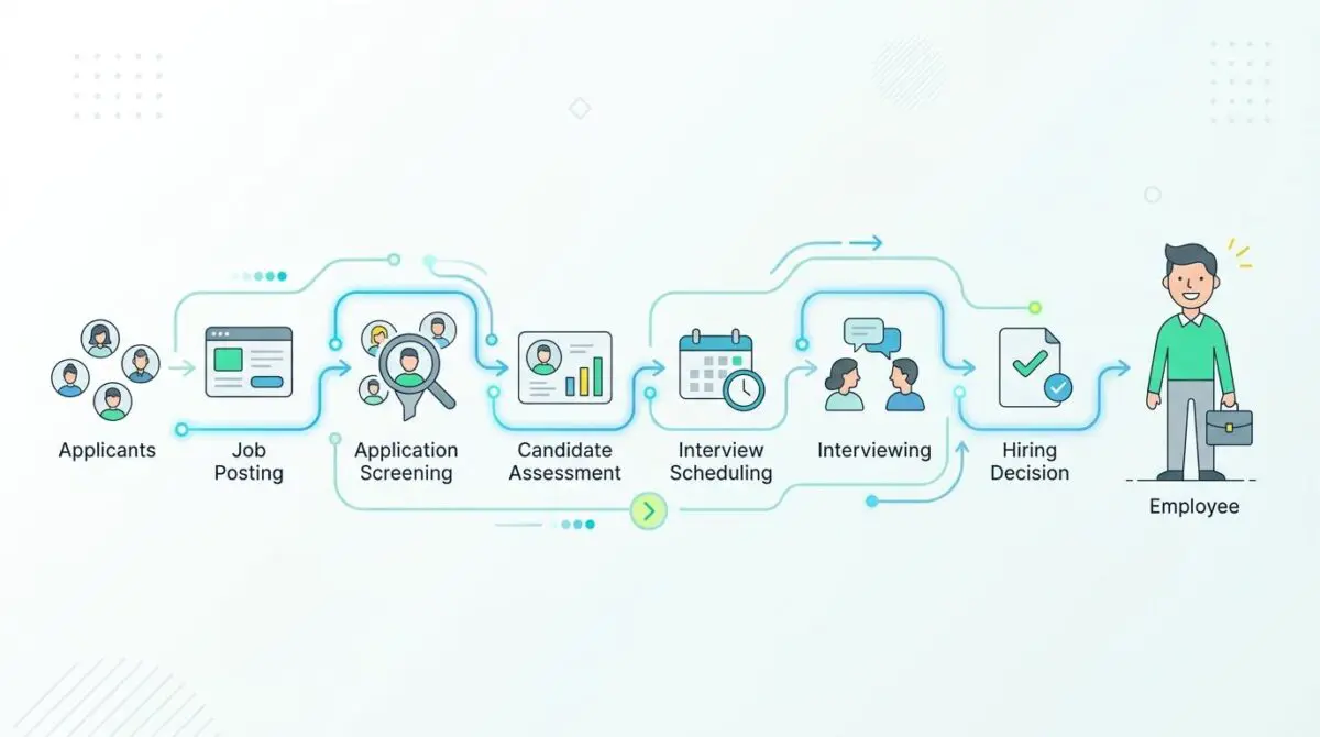 Diagram illustrating how to streamline your hiring process from sourcing to offer, from applicants to employee.