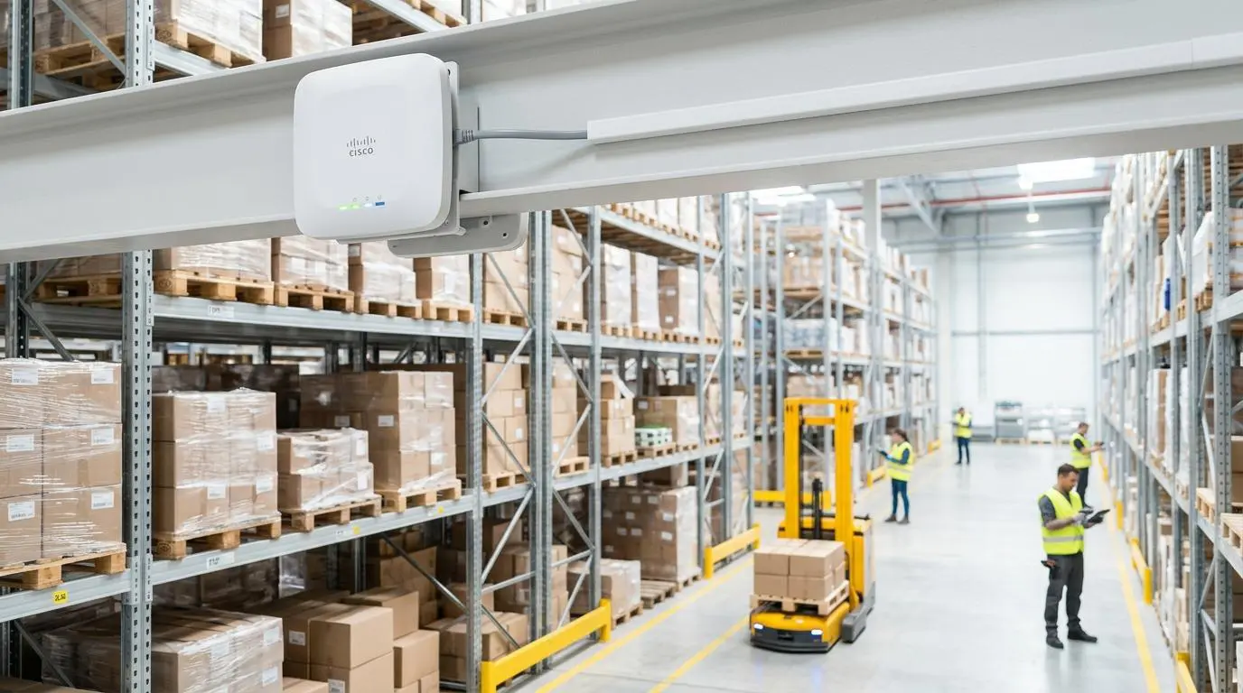 Warehouse automation with network device enabling instant swarm robotics deployment for inventory counting.