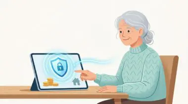 Senior woman using a tablet to manage finances safely with technology, showing a security shield icon.