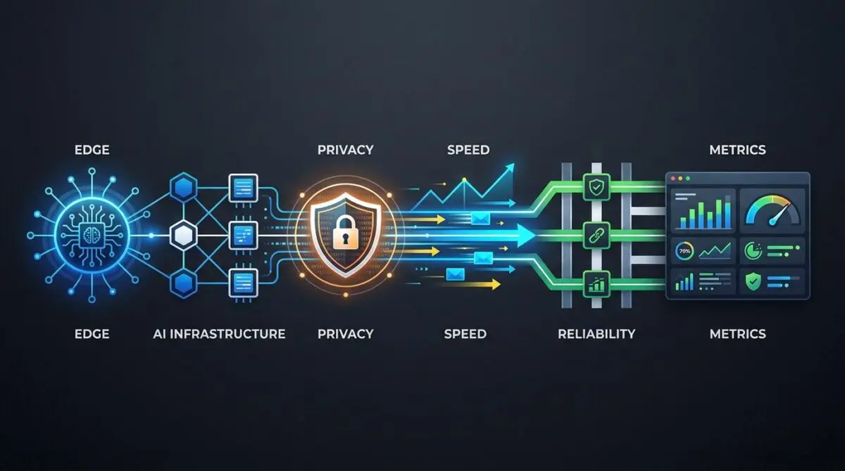 Diagram illustrating the benefits of Edge AI: privacy, speed, and reliability shown through icons and graphs. By Andres SEO Expert.