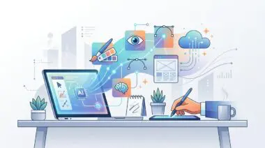 Graphic designer using AI tools for creative projects, showcasing icons for design, brain, and cloud.
