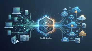 Conceptual illustration of CASB Broker connecting devices to cloud services, highlighting secure access.