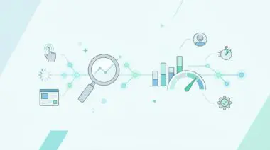 Illustration of DEM tools icons: magnifying glass on graph, speedometers, bar charts, user icons, and website interface.