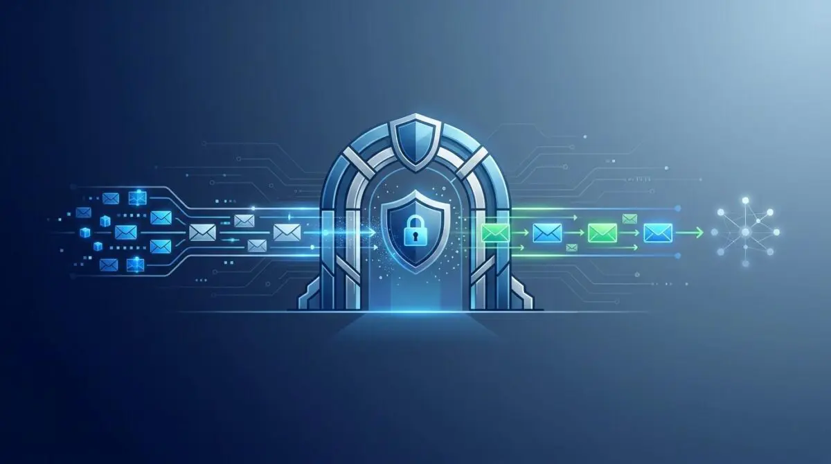 Digital gate with shield and lock icon, representing email security gateway solutions filtering incoming and outgoing mail.