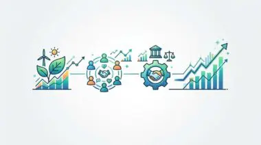 Conceptual graphic illustrating ESG investing: wind turbine, leaves, graph, handshake, scale of justice, and upward trend. The Best FinTech Platforms for ESG Investing.