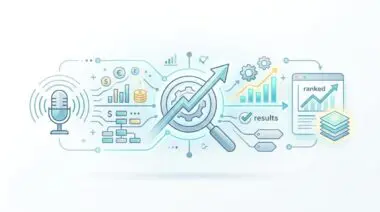 Microphone broadcasting data analytics, charts, and currency symbols for FinTech podcasts.