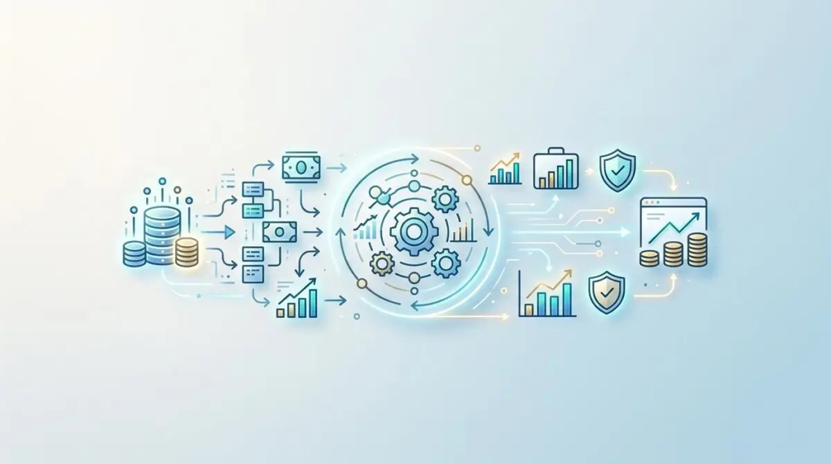 Abstract graphic of financial automation with gears, charts, coins, and security shields, representing the best FinTech tools for automating your entire financial life.