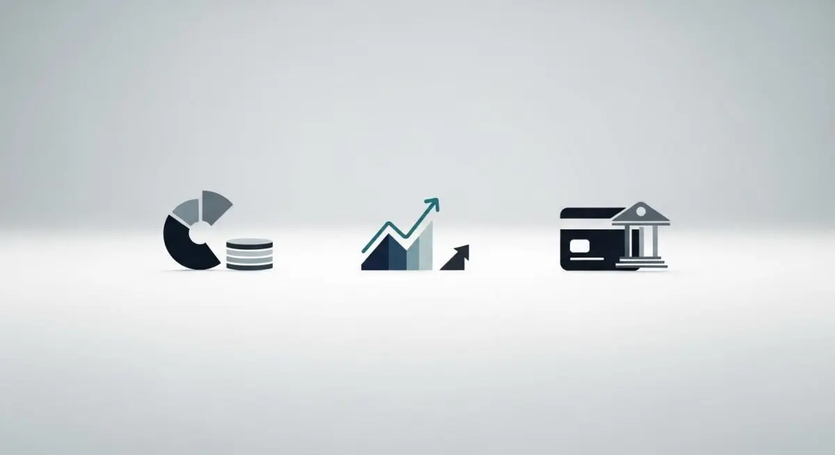 Minimalist FinTech tools: pie chart, growth graph, and credit card with bank icon.