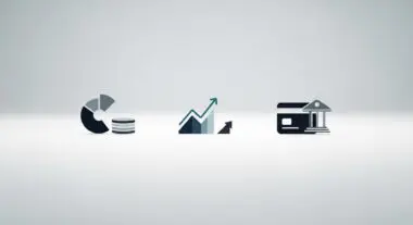 Minimalist FinTech tools: pie chart, growth graph, and credit card with bank icon.