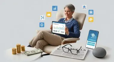 A smiling retiree reviews retirement fund data on a tablet, surrounded by FinTech icons, representing the best FinTech tools for a retiree.