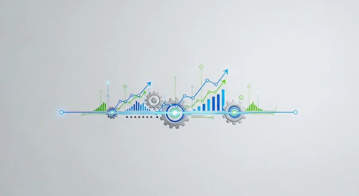 Gears and upward trending line graphs symbolizing the best Manufacturing Execution Systems (MES) performance.