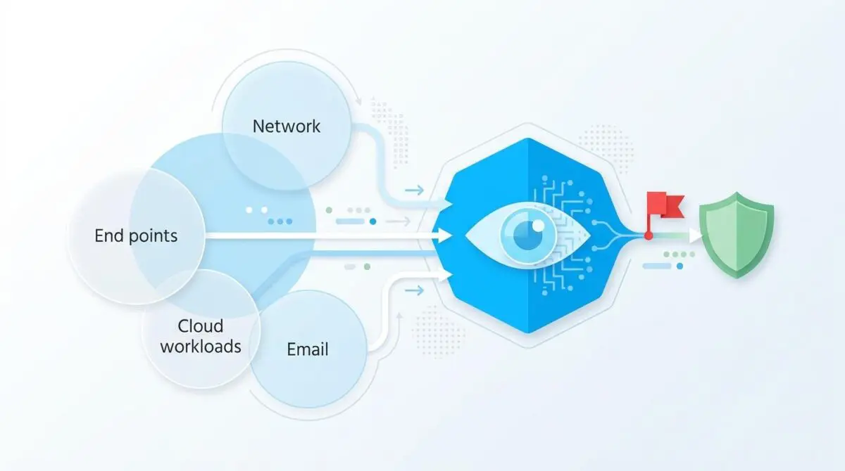 Diagram showing endpoints, network, cloud, and email converging on an eye icon, symbolizing threat detection.