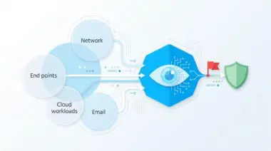 Diagram showing endpoints, network, cloud, and email converging on an eye icon, symbolizing threat detection.