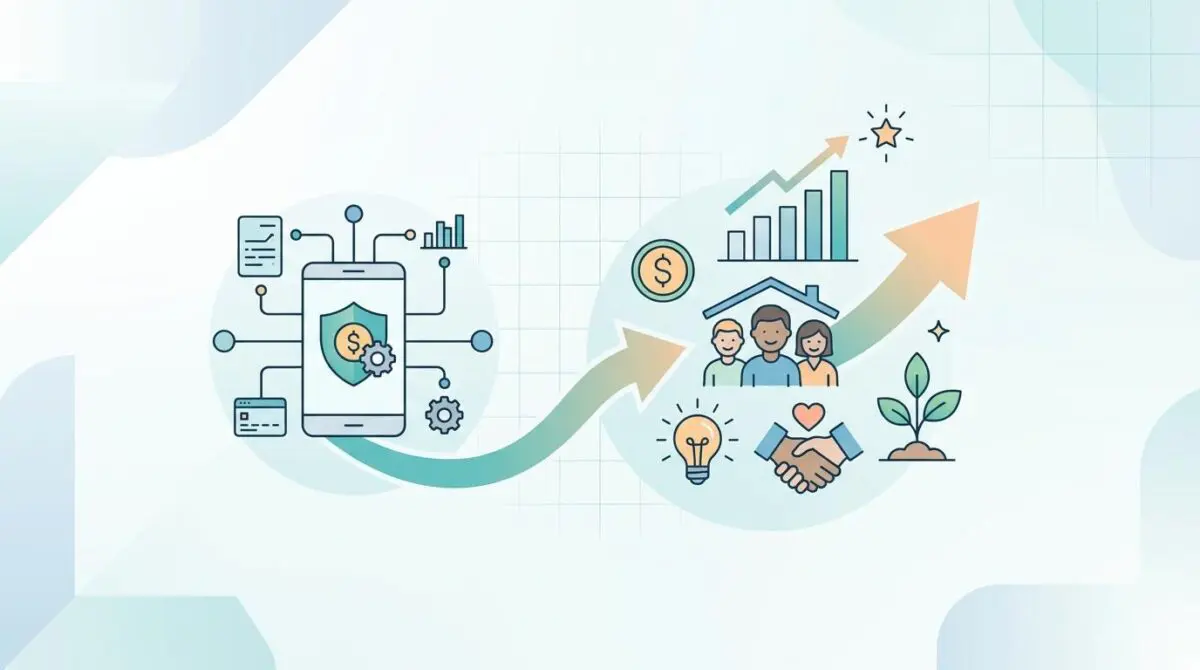 Illustrating the business case for social impact in FinTech with growth charts and community symbols.