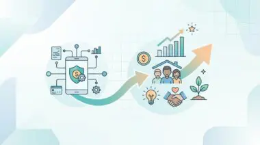 Illustrating the business case for social impact in FinTech with growth charts and community symbols.