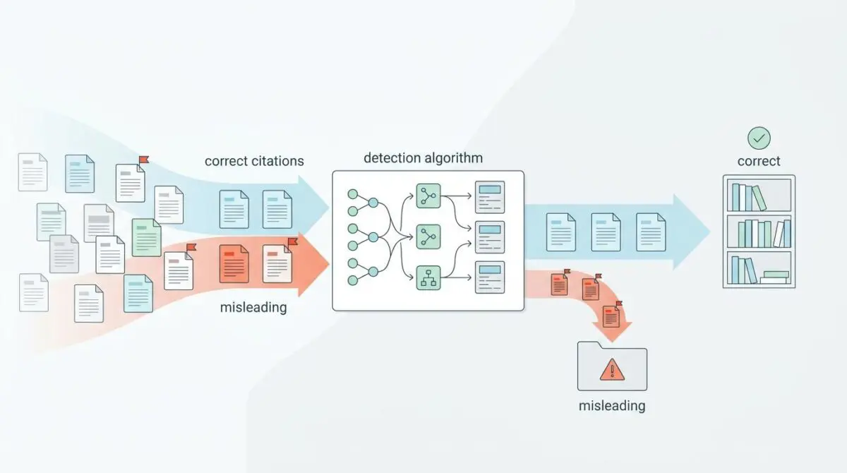 Diagram illustrating a detection algorithm separating correct citations from misleading ones.