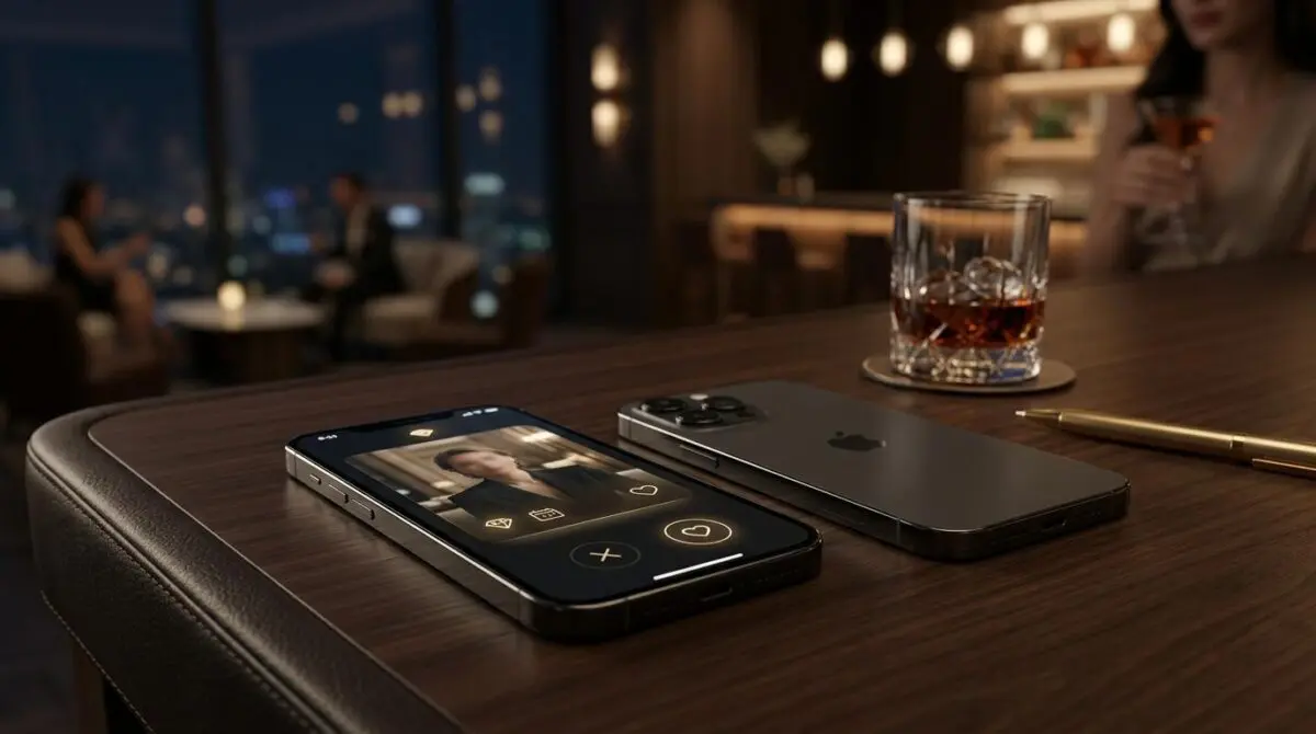 Smartphone displaying a dating app profile for The Dating Apps and Matchmakers for the Super-Rich.