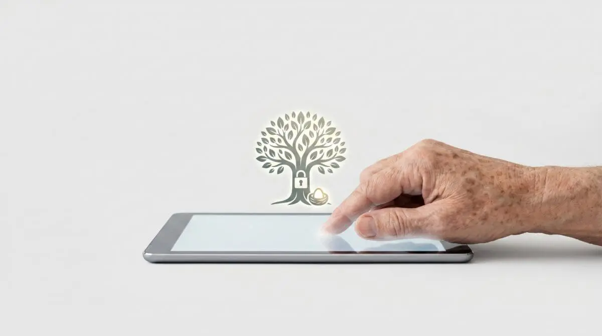 An elderly person's hand interacting with a digital tablet displaying a glowing tree and nest egg icon.