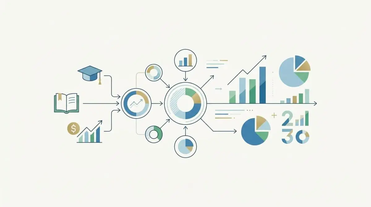 Infographic visualizing data and metrics relevant to the FinTech of education, showing charts, graphs, a book, and a graduation cap.