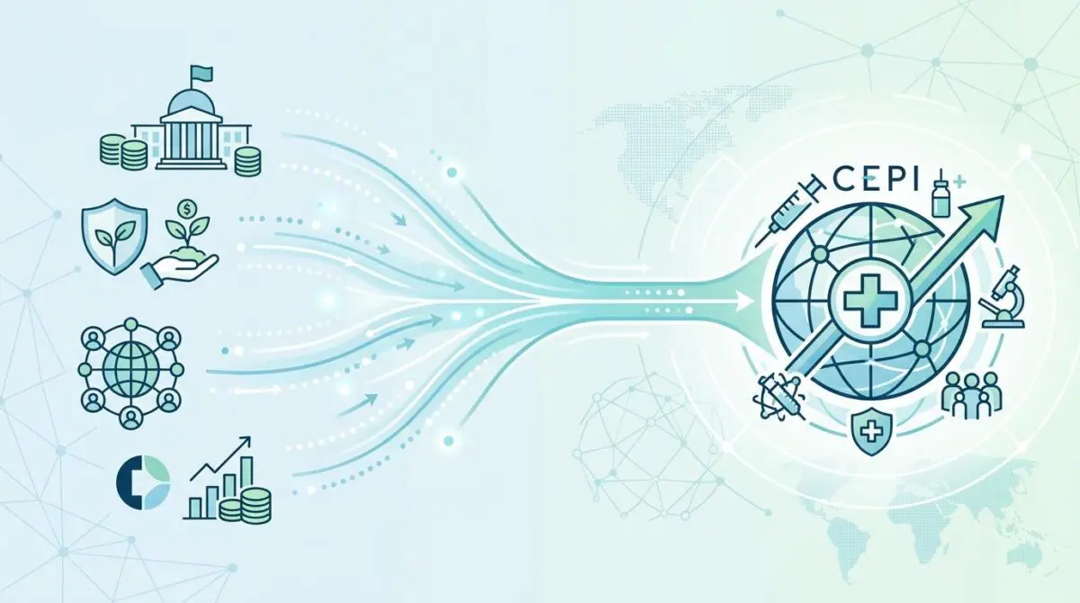 Conceptual graphic showing funding streams converging on CEPI, symbolizing global health initiatives. The Funding of CEPI and other Global Health Initiatives.