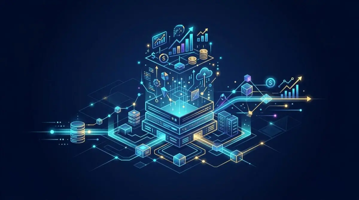 Abstract visualization of data networks, charts, and currency symbols representing the future of the autonomous finance department.