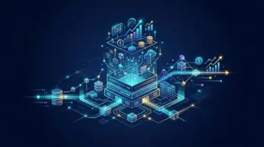 Abstract visualization of data networks, charts, and currency symbols representing the future of the autonomous finance department.