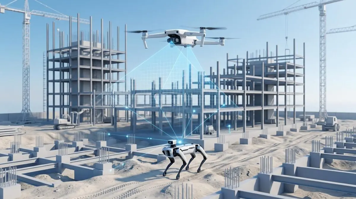 AI drone and robot on construction site, illustrating the future of construction with AI, drones, and robotics.