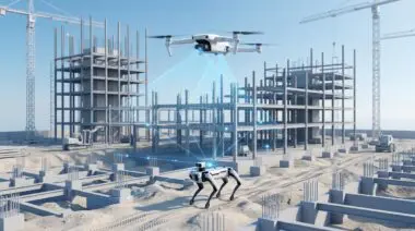 AI drone and robot on construction site, illustrating the future of construction with AI, drones, and robotics.