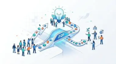 Conceptual illustration of the future of crowdfunding and peer-to-peer lending, showing people and coins flowing.