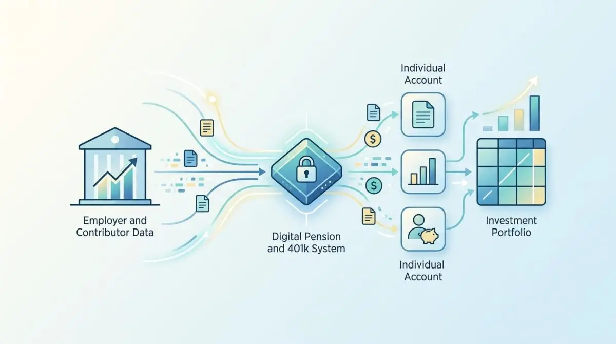 Illustration of a digital pension and 401k system, showing data flow and investment portfolios.