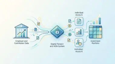 Illustration of a digital pension and 401k system, showing data flow and investment portfolios.