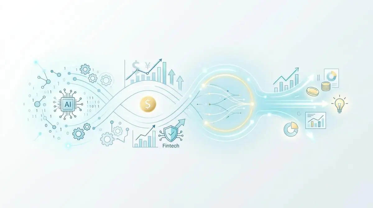 AI and FinTech powering the future of financial coaching with data streams and growth charts.