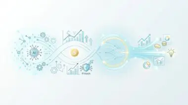 AI and FinTech powering the future of financial coaching with data streams and growth charts.