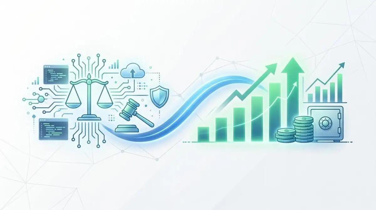 Legal scales and gavel connected to digital circuits, symbolizing the future of legal tech and firm finances.