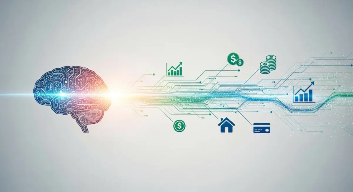 AI brain circuitry processing financial data and icons like money, stocks, home, and credit cards for personalized advice.