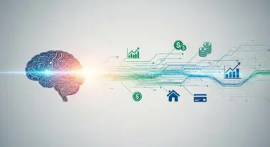 AI brain circuitry processing financial data and icons like money, stocks, home, and credit cards for personalized advice.