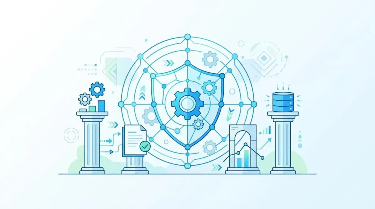 Abstract shield with gears represents security in the future of regulation in a fast-moving FinTech world.