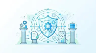 Abstract shield with gears represents security in the future of regulation in a fast-moving FinTech world.