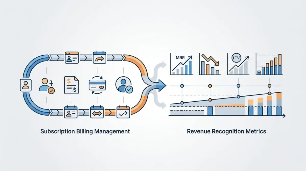 Flowchart illustrating subscription billing management and revenue recognition metrics for the future of subscription billing.