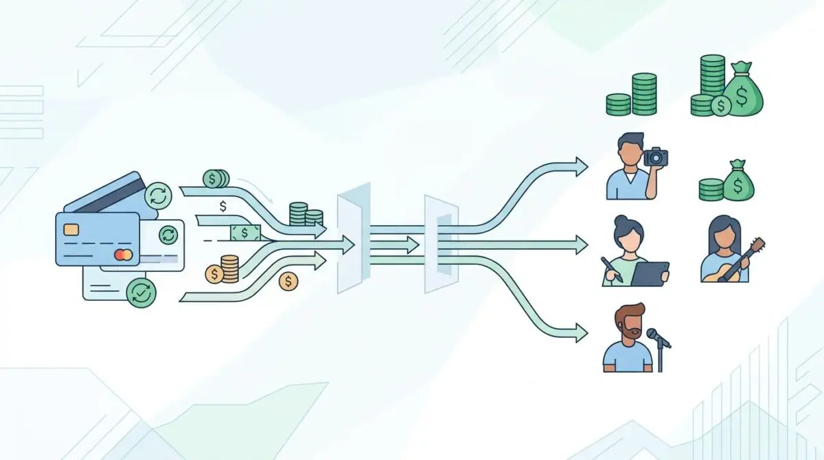 Credit cards funneling money to creators, illustrating the future of subscriptions and creator payouts.