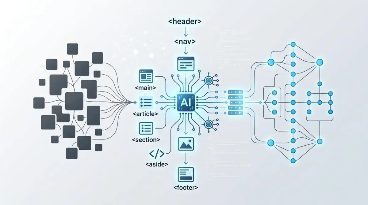 AI analyzing semantic HTML tags like header, nav, main, article, section, aside, footer for better crawling and indexing.
