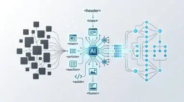 AI analyzing semantic HTML tags like header, nav, main, article, section, aside, footer for better crawling and indexing.