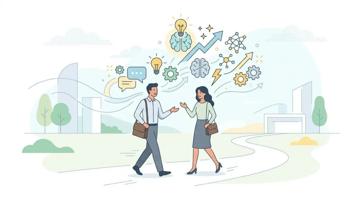 Two professionals discussing ideas during walking meetings, illustrating growth and collaboration.