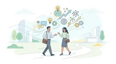 Two professionals discussing ideas during walking meetings, illustrating growth and collaboration.